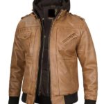 Men's Removable Hooded Camel Brown Leather Jacket