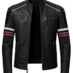 Men’s Cafe Racer Red & White Stripes Black Leather Jacket