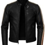 Men’s Double Contrast Shoulder Stripes Black Leather Jacket