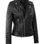 Women’s Biker Black Leather Cross Zipper Jacket