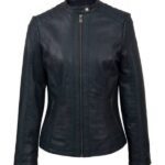 Women’s Motor Biker Dark Blue Leather Zipper Jacket
