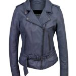 Women’s Slimfit Classic Belted Distressed Blue Leather Jacket